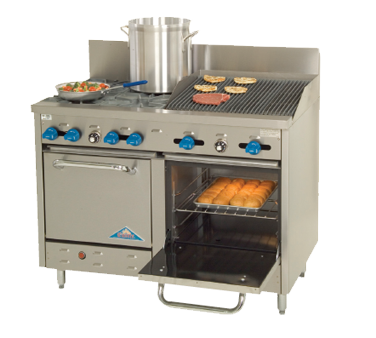 Comstock-Castle F3218-2RB 48" Gas Restaurant Range, 4 Open Burners, 24" Radiant Broiler, 2 Standard Ovens, Stainless Steel Front, 196,000 BTU - Donut-Equipment.com