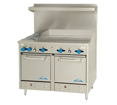 Comstock-Castle F3218-36 48" Gas Restaurant Range, 2 Open Burners, 36" Griddle, 2 Standard Ovens, Stainless Steel Front, 174,000 BTU - Donut-Equipment.com