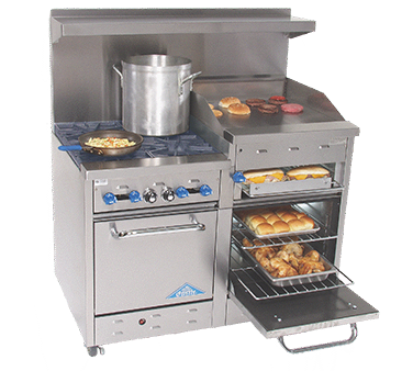 Comstock-Castle F3218-36B 48" Gas Restaurant Range, 2 Open Burners, 36" Charbroiler, 2 Standard Ovens, Stainless Steel Front, 158,000 BTU - Donut-Equipment.com