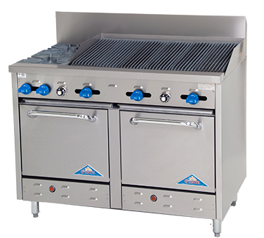 Comstock-Castle F3218-3RB 48" Gas Restaurant Range, 2 Open Burners, 36" Radiant Broiler, 2 Standard Ovens, Stainless Steel Front, 173,000 BTU - Donut-Equipment.com
