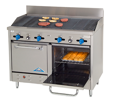 Comstock-Castle F3218-4RB 48" Gas Restaurant Range, 4 Open Burners, 48" Radiant Broiler, 2 Standard Ovens, Stainless Steel Front, 150,000 BTU - Donut-Equipment.com