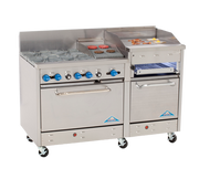 Comstock-Castle F3226-1.5RB-30B 60" Gas Restaurant Range, 2 Open Burners, 18" Radiant Broiler, 30" Charbroiler, 2 Standard Ovens, Stainless Steel Front, 198,000 BTU - Donut-Equipment.com