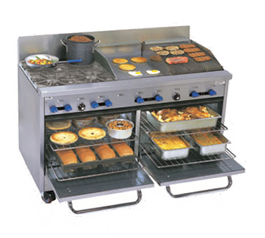 Comstock-Castle F3226-18-1.5RB 60" Gas Restaurant Range, 4 Open Burners, 18" Griddle, 18" Radiant Broiler, 2 Standard Ovens, Stainless Steel Front, 244,000 BTU - Donut-Equipment.com