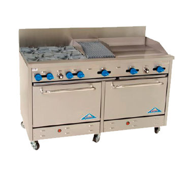 Comstock-Castle F3226-24-1RB 60" Gas Restaurant Range, 4 Open Burners, 24" Griddle, 12" Radiant Broiler, 2 Standard Ovens, Stainless Steel Front, 246,000 BTU - Donut-Equipment.com