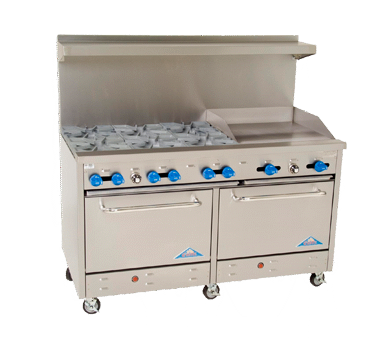 Comstock-Castle F3226-24 60" Gas Restaurant Range, 6 Open Burners, 24" Griddle, 2 Standard Ovens, Stainless Steel Front, 270,000 BTU - Donut-Equipment.com