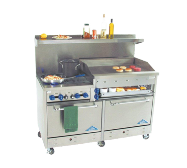 Comstock-Castle F3226-36B 60" Gas Restaurant Range, 4 Open Burners, 36" Charbroiler, 2 Standard Ovens, Stainless Steel Front, 216,000 BTU - Donut-Equipment.com