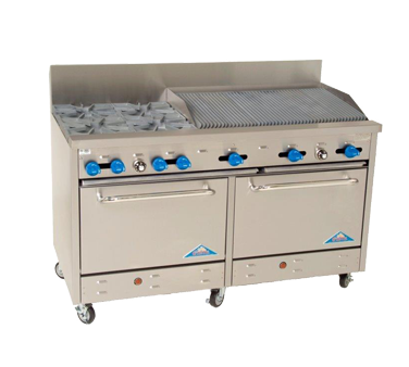 Comstock-Castle F3226-4RB 60" Gas Restaurant Range, 2 Open Burners, 48" Radiant Broiler, 2 Standard Ovens, Stainless Steel Front, 208,000 BTU - Donut-Equipment.com