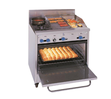 Comstock-Castle F330-12-1RB 36" Gas Restaurant Range, 2 Open Burners, 12" Griddle, 12" Radiant Broiler, Single Standard Oven, Stainless Steel Front, 123,000 BTU - Donut-Equipment.com