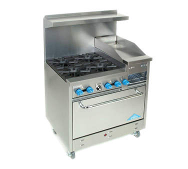 Comstock-Castle F330-12B 36" Gas Restaurant Range, 4 Open Burners, 12" Griddle/Broiler, Single Standard Oven, Stainless Steel Front, 162,000 BTU - Donut-Equipment.com
