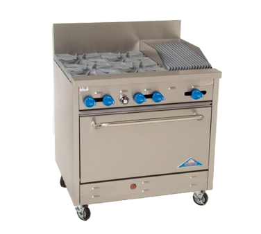 Comstock-Castle F330-1RB 36" Gas Restaurant Range, 4 Open Burners, 12" Radiant Broiler, Single Standard Oven, Stainless Steel Front, 151,000 BTU - Donut-Equipment.com