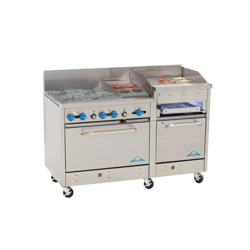 Comstock-Castle F33018-1RB-24B 60" Gas Restaurant Range, 4 Open Burners, 12" Radiant Broiler, 24" Charbroiler, 2 Standard Ovens, Stainless Steel Front, 206,000 BTU - Donut-Equipment.com