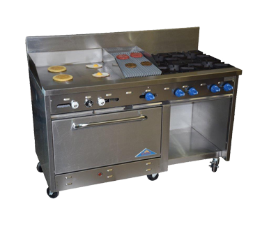 Comstock-Castle F33032-30-1.5RB 60" Gas Restaurant Range, 2 Open Burners, 30" Griddle, 18" Charbroiler, Single Standard Oven, Cabinet Base, Stainless Steel Front, 168,000 BTU - Donut-Equipment.com