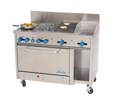 Comstock-Castle F3430-12-1RB 48" Gas Restaurant Range, 4 Open Burners, 12" Griddle, 12" Charbroiler, Single Standard Oven, Stainless Steel Front, 192,000 BTU - Donut-Equipment.com