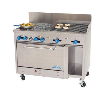 Comstock-Castle F3430-1RB 48" Gas Restaurant Range, 6 Open Burners, 12" Charbroiler, Single Standard Oven, Stainless Steel Front, 199,000 BTU - Donut-Equipment.com