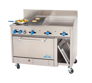 Comstock-Castle F3430-24-1RB 48" Gas Restaurant Range, 2 Open Burners, 24" Griddle, 12" Charbroiler, Single Standard Oven, Stainless Steel Front, 143,000 BTU - Donut-Equipment.com