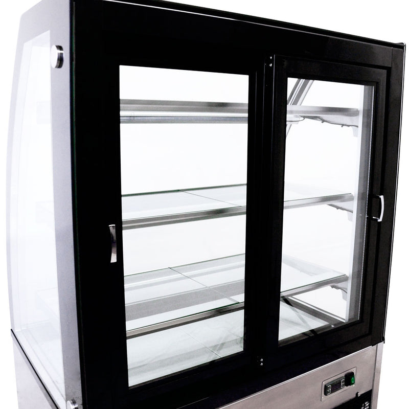 Omcan 36″ Curved Glass Floor Refrigerated Display Showcase – 10.95 Cu. Ft. (310L), Three-Shelf Stainless Steel Bakery & Merchandising Display Cooler