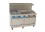 Comstock-Castle F3226-36 60" Gas Restaurant Range, 4 Open Burners, 36" Griddle, 2 Standard Ovens, Stainless Steel Front, 240,000 BTU - Donut-Equipment.com
