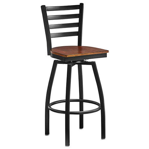 Omcan Bar Height Metal Ladder Swivel Chair with Walnut Wood Seat – Commercial Restaurant Bar Stool with Steel Frame, Swivel Function, and Solid Wood Seat Design