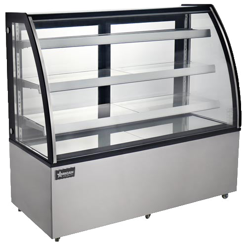 Omcan 60″ Curved Glass Floor Refrigerated Display Case – 18.89 Cu. Ft. (535L), Three-Shelf Stainless Steel Bakery & Merchandising Display Cooler