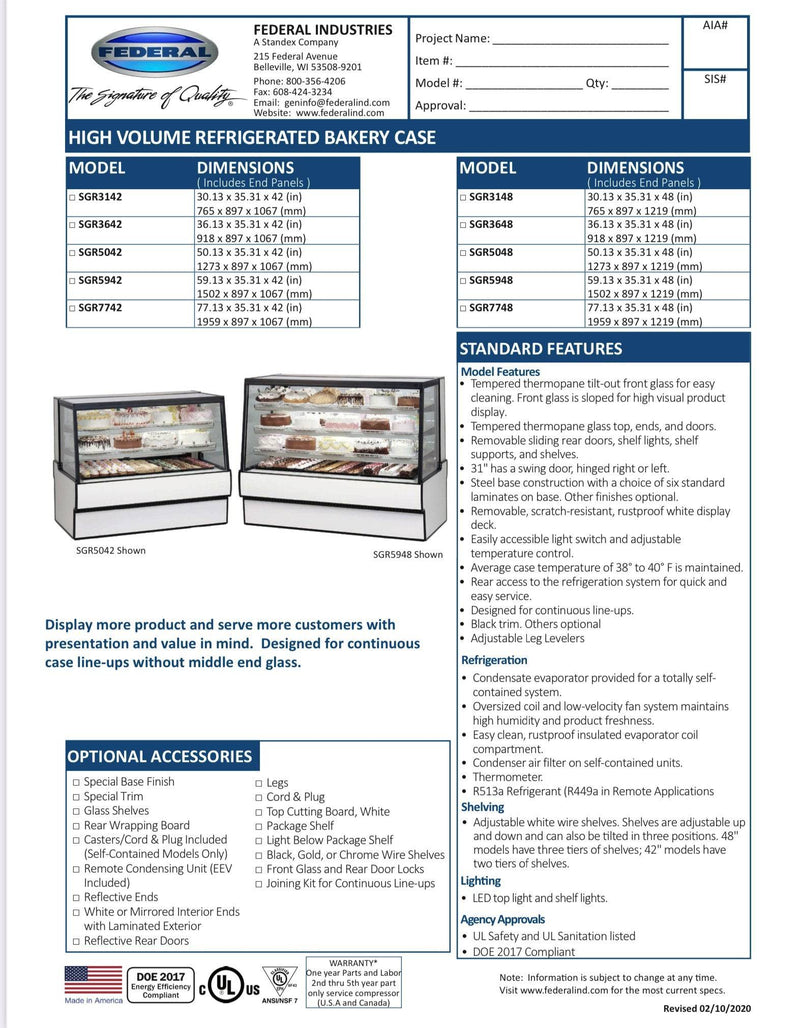 Federal SGR7748 Refrigerated High Volume Series Display Case 77" x 35.31" x 48" - Donut-Equipment.com