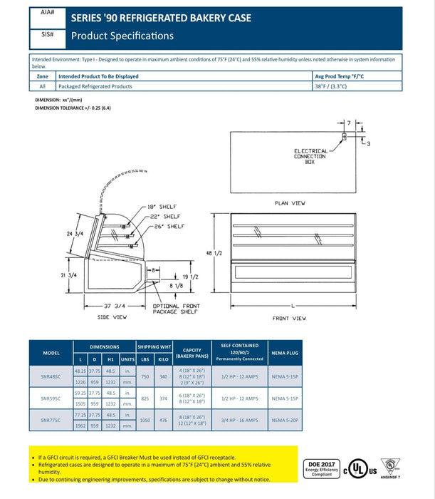 Many Color Choices Federal SNR77SC SERIES '90 Refrigerated Bakery Case 77" x 37.75" x 48"