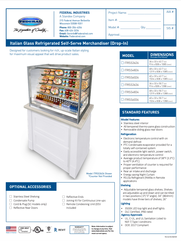 Federal Industries (ITRSS6034)-Italian Series Self Serve Drop-In Refrigerated Open Air Display with Shelves 208-240V - Donut-Equipment.com