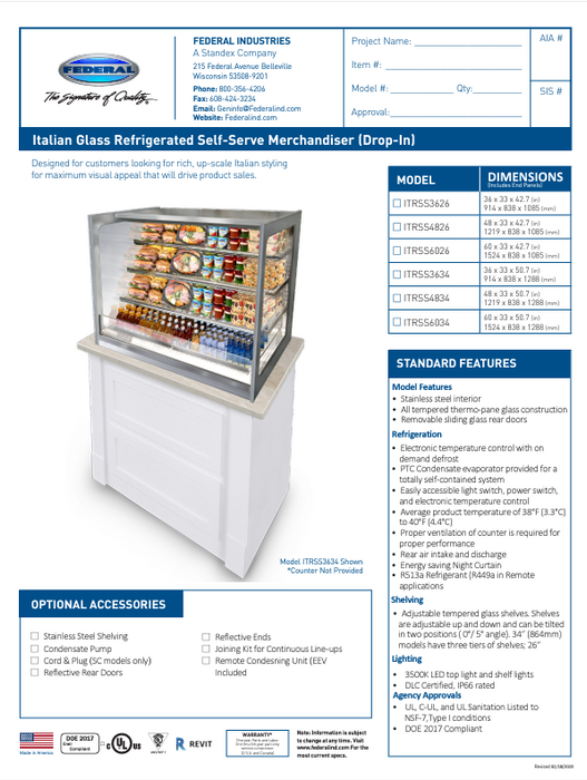 Federal Industries (ITRSS6034)-Italian Series Self Serve Drop-In Refrigerated Open Air Display with Shelves 208-240V