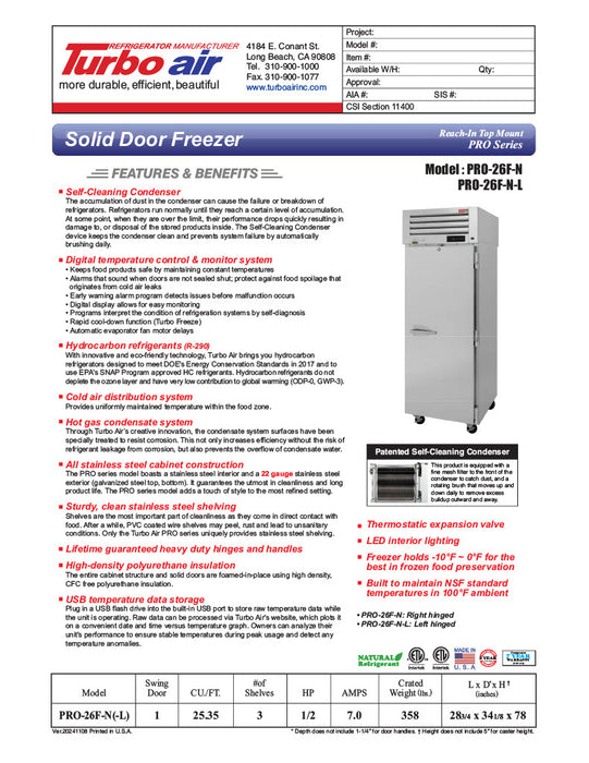 Turbo Air PRO-26F-N 29" Premiere Pro Series Solid Door Reach in Freezer