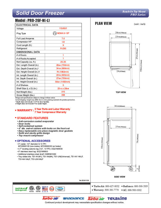 Turbo Air PRO-26F-N 29" Premiere Pro Series Solid Door Reach in Freezer