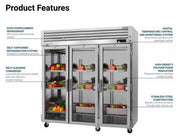 Turbo Air PRO-77R-G-N, 77 3/4" Three Section Reach In Refrigerator, (3) Left/Right Hinge Glass Doors, 115v - Donut-Equipment.com
