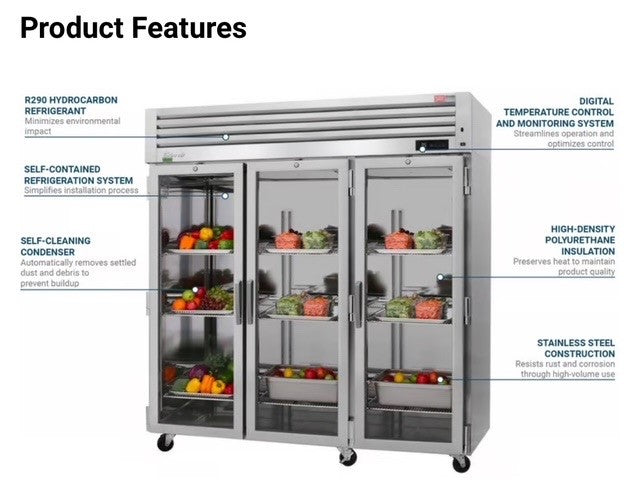 Turbo Air PRO-77R-G-N, 77 3/4" Three Section Reach In Refrigerator, (3) Left/Right Hinge Glass Doors, 115v