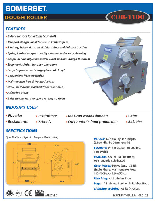 CDR-1100 Dough Roller / Double Pass- Front Operated