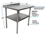 BK Resources 30" x 24" 18 Gauge Stainless Steel Work Table with Undershelf & 1.5" Riser – Prep Table - Donut-Equipment.com