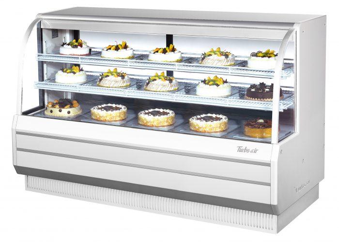 Turbo Air TCGB-72-W-N 72-1/2" Curved Glass Refrigerated Full-Service Bakery Display Case, 3 Levels, White Exterior, 115v - Donut-Equipment.com