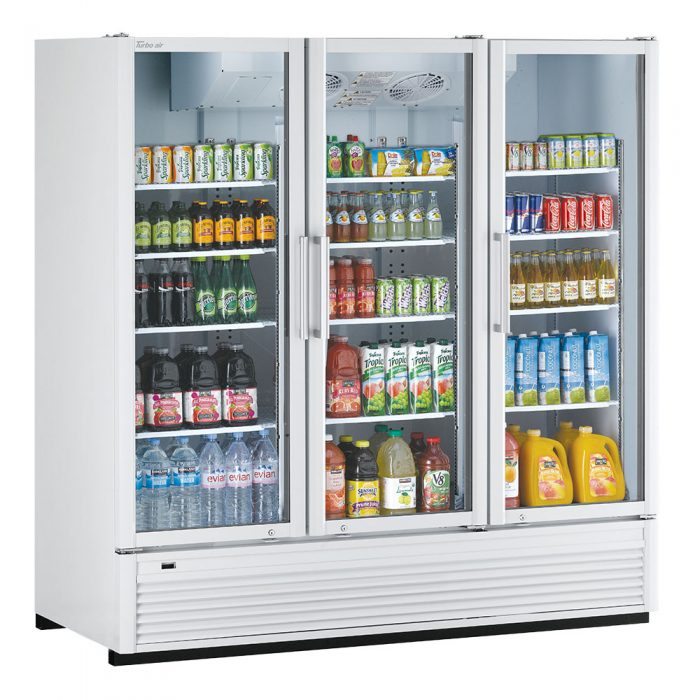 Turbo Air TGM-72SDH-N 78" White Super Deluxe Three Section Glass Door Merchandiser – (3) Left/Right Hinge Doors, Black, 115v - Donut-Equipment.com