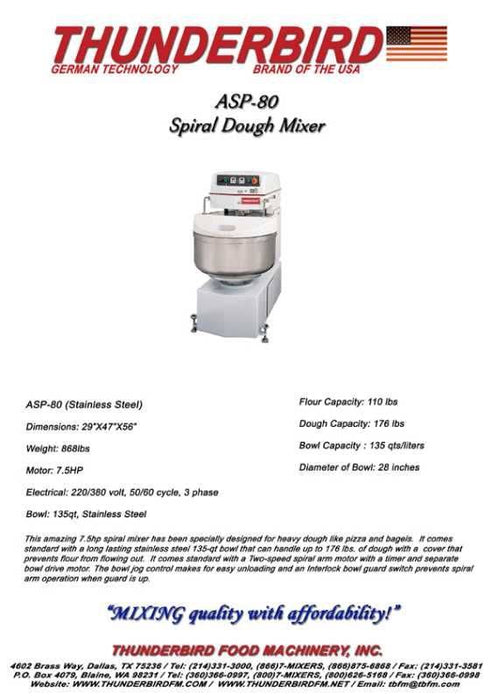 80 Quart (175lb. dough capacity) Thunderbird Planetary Mixer ASP-80