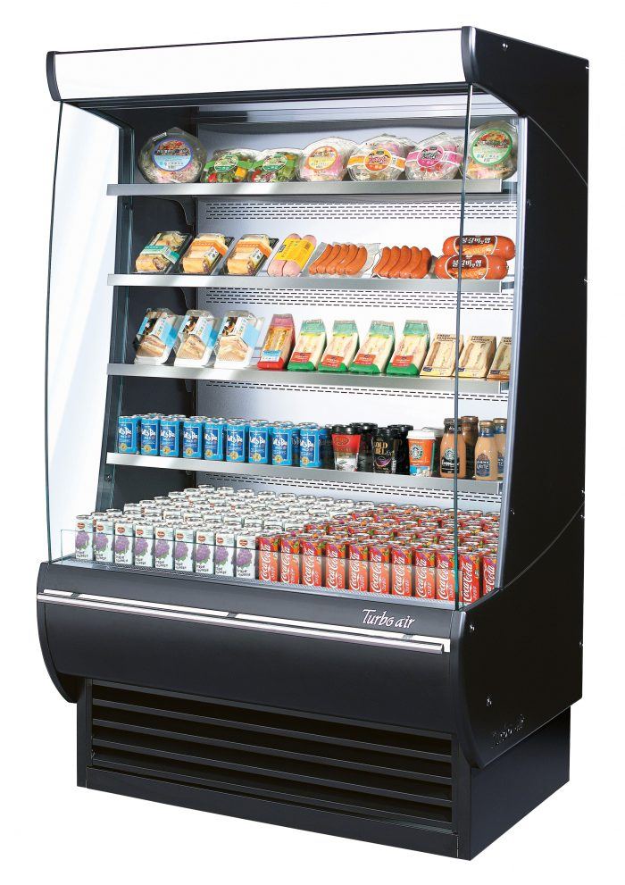 Turbo Air TOM-48DXB-N 48" Vertical Open Air Cooler w/ (5) Levels – Black Exterior, 115v - Donut-Equipment.com