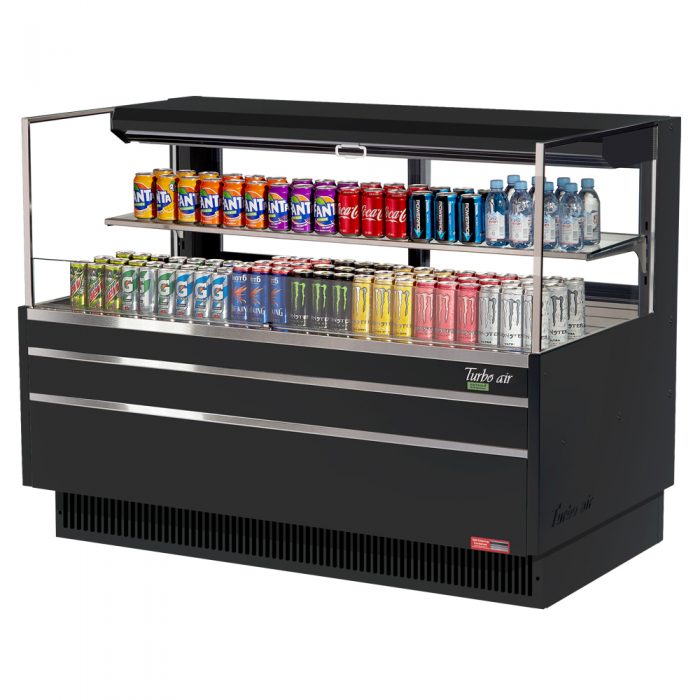 Turbo Air TOM-60L-UFD-B-2S-N 58 3/4" Black Low Profile Horizontal Open Air Cooler w/ (2) Levels – Ultra Front Deluxe Merchandiser, 115v - Donut-Equipment.com