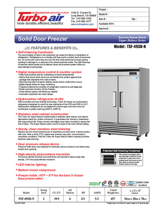 Turbo Air TSF-49SD-N Super Deluxe 54" Solid Door Reach-In Freezer with LED Lighting