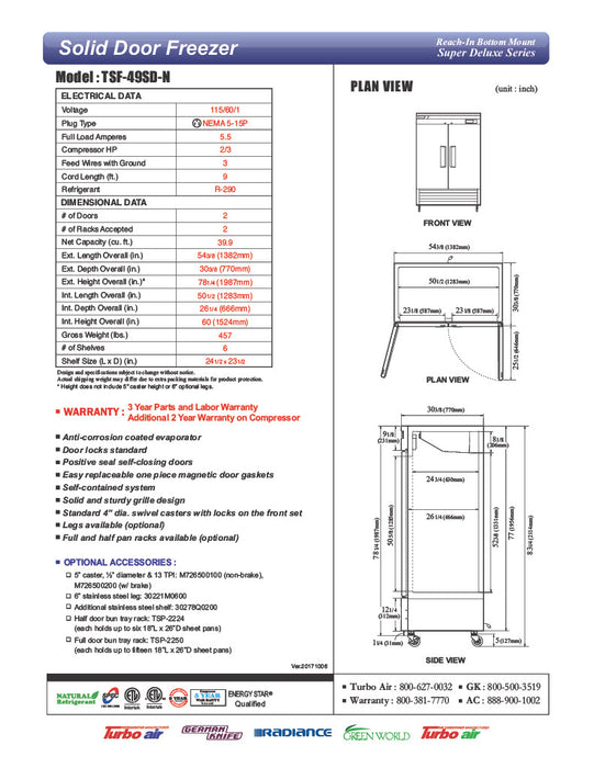 Turbo Air TSF-49SD-N Super Deluxe 54" Solid Door Reach-In Freezer with LED Lighting