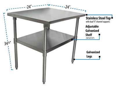 BK Resources 24" x 24" 18 Gauge Stainless Steel Work Table with Galvanized Undershelf – Prep Table - Donut-Equipment.com