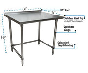 BK Resources 36" x 24" 18 Gauge Stainless Steel Work Table with Open Base & 1.5" Riser – Prep Table - Donut-Equipment.com
