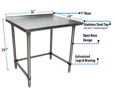 BK Resources 36" x 24" 18 Gauge Stainless Steel Work Table with Open Base & 1.5" Riser – Prep Table - Donut-Equipment.com