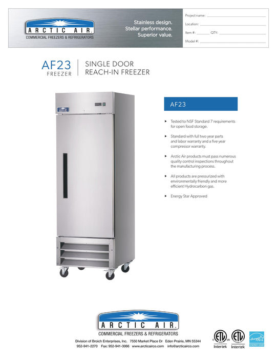 Arctic Air AF23 1 Door Reach-In Freezer - Donut-Equipment.com