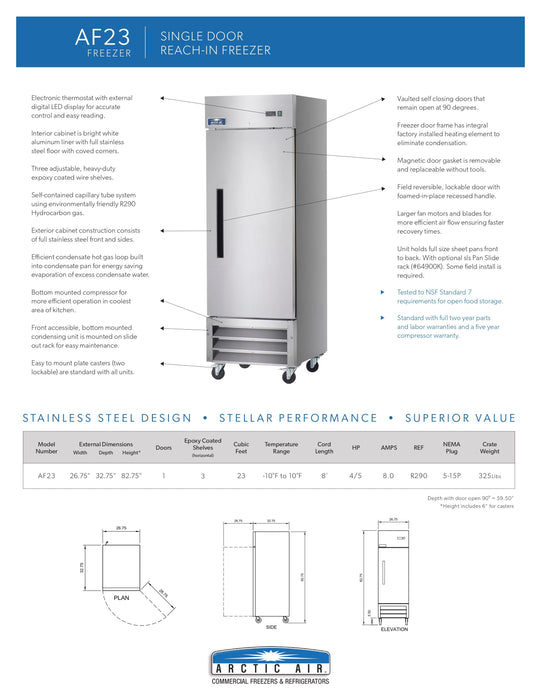 Arctic Air AF23 1 Door Reach-In Freezer - Donut-Equipment.com