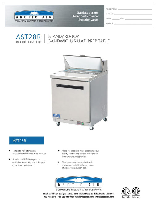 Arctic Air AST28R One Door Sandwich / Salad Prep Refrigerator - Donut-Equipment.com