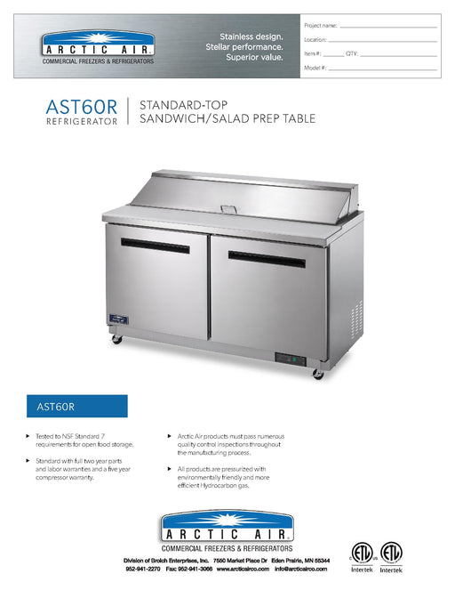 Arctic Air AST60R 60" Two Door Sandwich / Salad Prep Refrigerator - Donut-Equipment.com