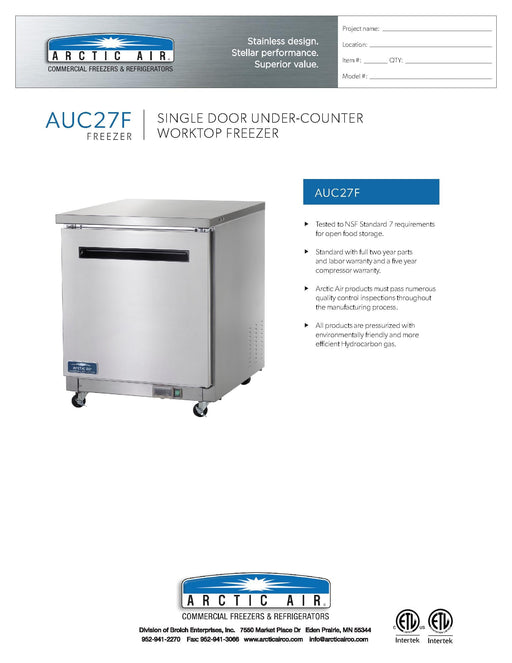 Arctic Air AUC27F 27" Single Door Undercounter Freezer - Donut-Equipment.com