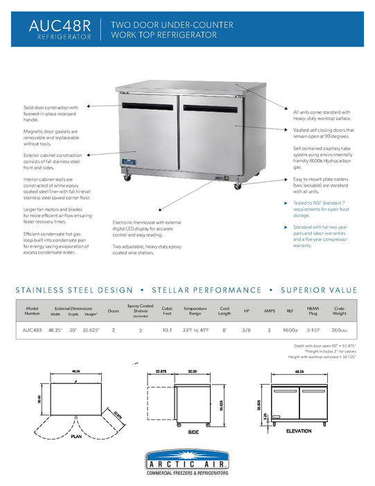 Arctic Air AUC48R 48" Undercounter Refrigerator - Donut-Equipment.com