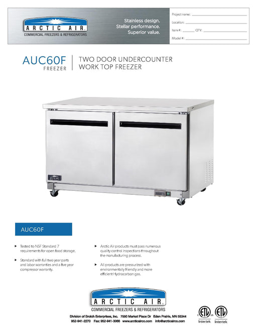 Arctic Air AUC60F 60" Undercounter Freezer - Donut-Equipment.com